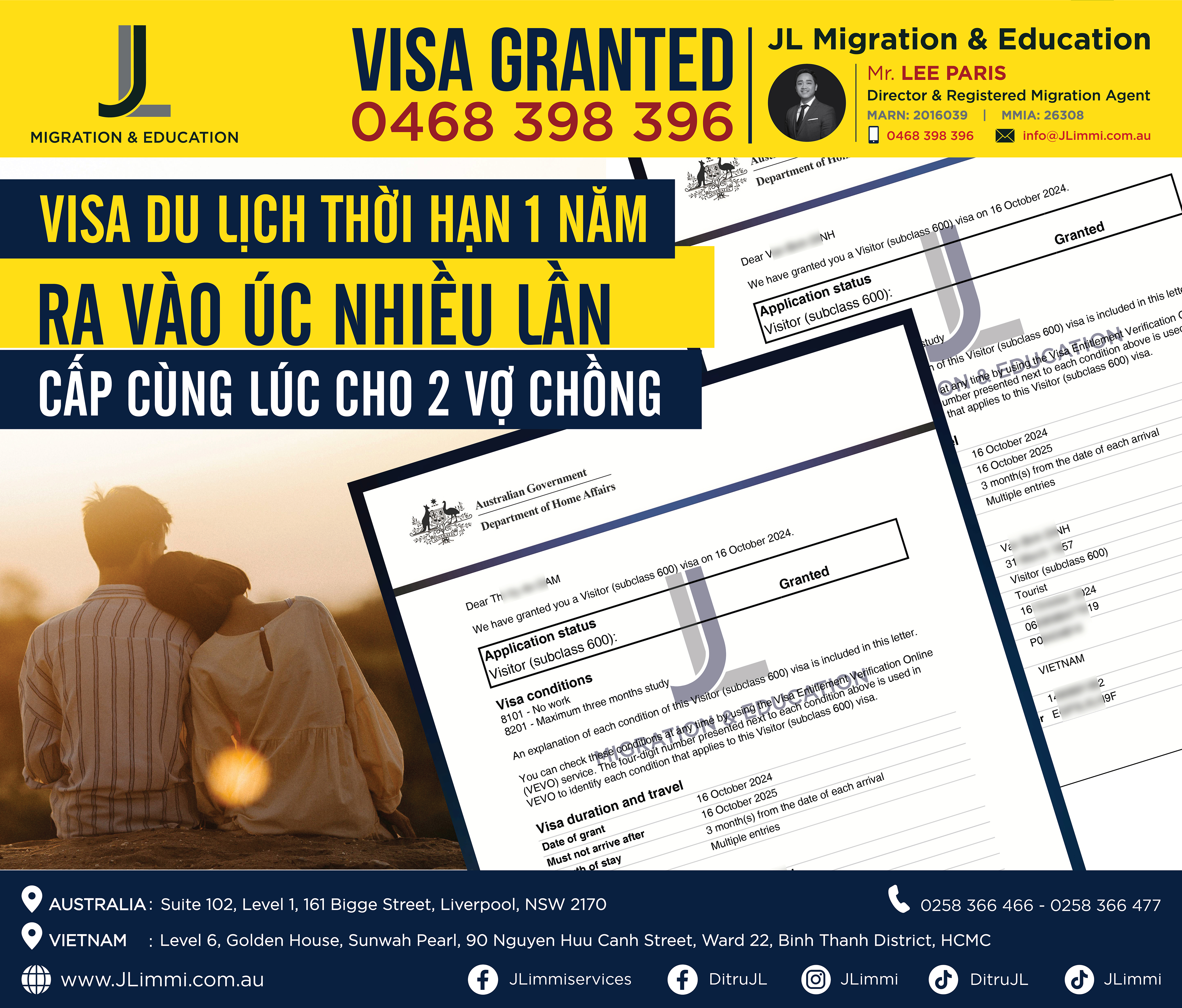 Visa du lịch thời hạn 1 năm ra vào Úc nhiều lần cấp cùng lúc cho 2 vợ chồng